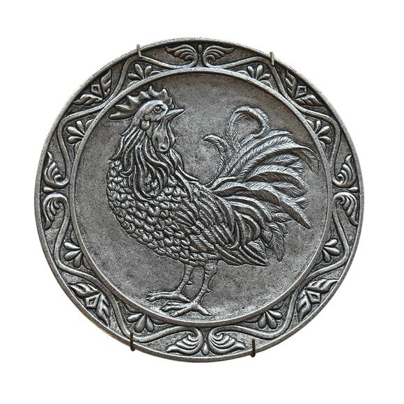 Oval Rooster Plate, Vintage Wall Art, Farmhouse Pewter, Collector Metalware - Picture 1 of 6